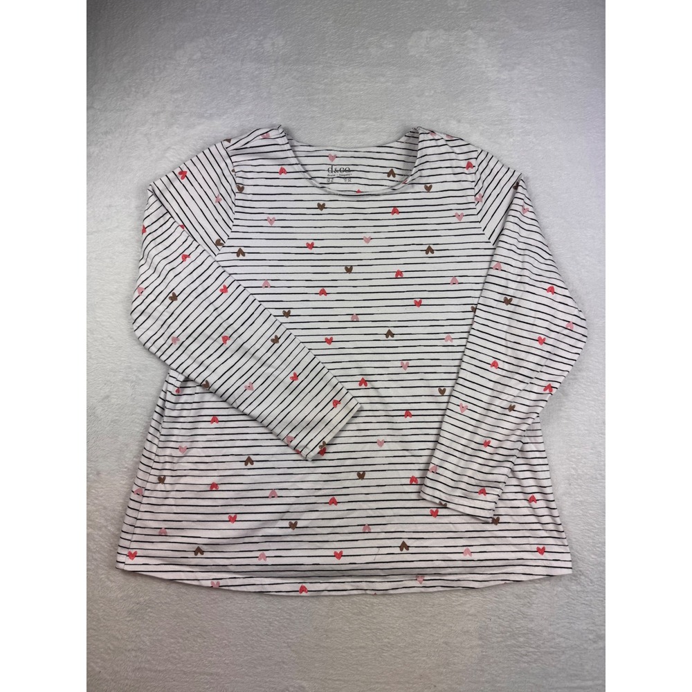 Denim & Co Womens 1X White Striped Heart Print Long Sleeve Scoop Neck Top
